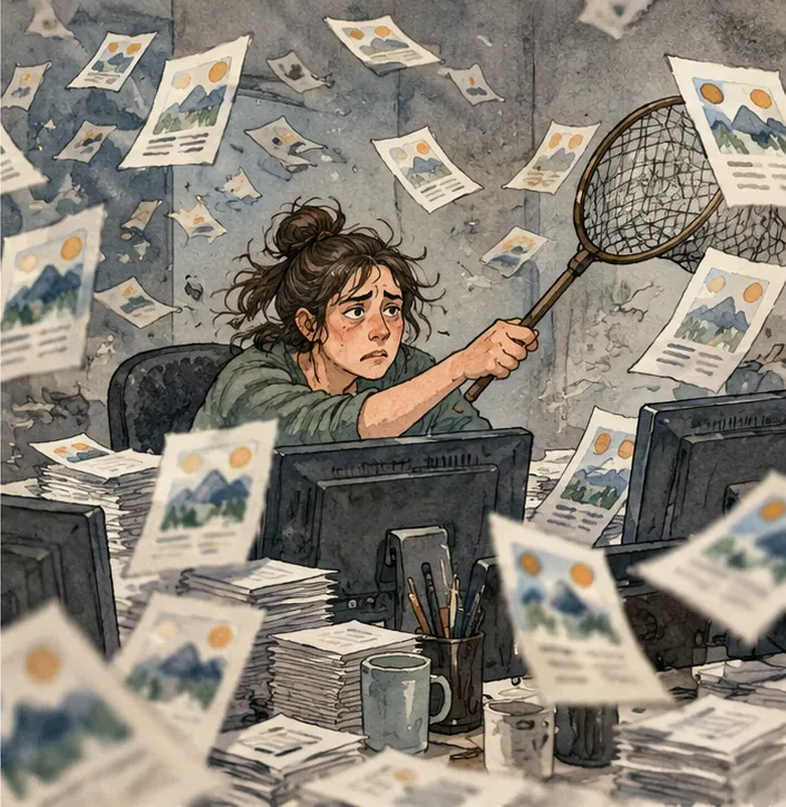 A single tired moderator at a desk trying to catch them with a small net, falling behind