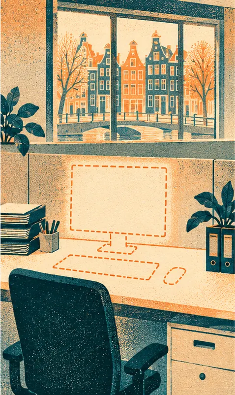 An empty space where a computer should be, marked only by a dotted outline of a machine that has not arrived