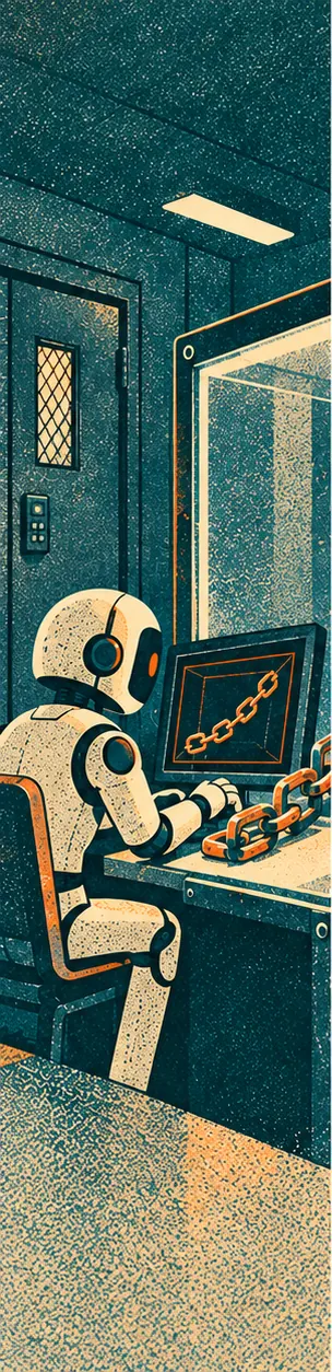 A robot figure works alone at a computer terminal in a locked research room, a chain of linked metal pieces forming beside it