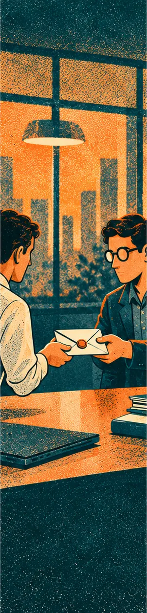 A researcher hands a sealed envelope across a desk to a software engineer from another company