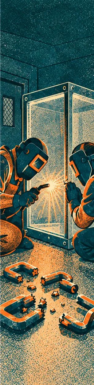 Engineers weld the cracks in the glass box shut while the chain lies broken on the floor