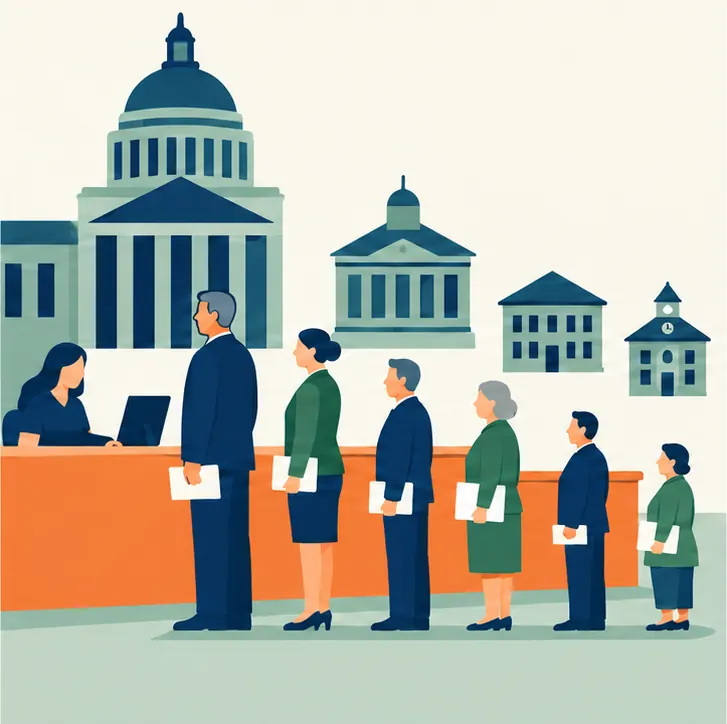 Small figures from many sizes of government office building, from a large federal hall to a small town hall, lining up at the same counter