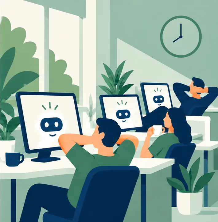 Office workers at desks using an AI assistant on their screens, finishing work early and relaxed