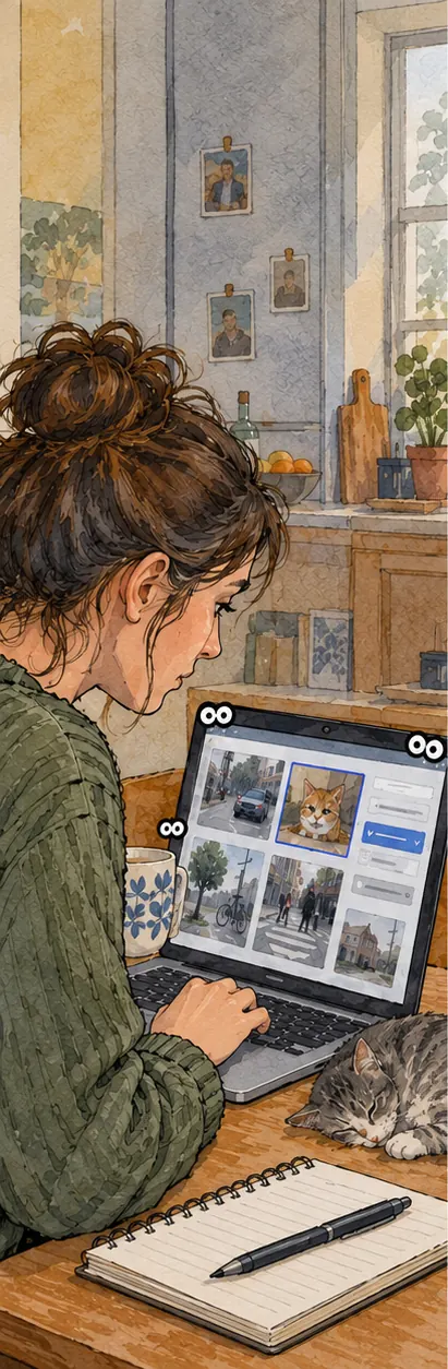A freelance worker at a kitchen table labels images on a laptop while small tracker eyes peer out from the corners of the screen
