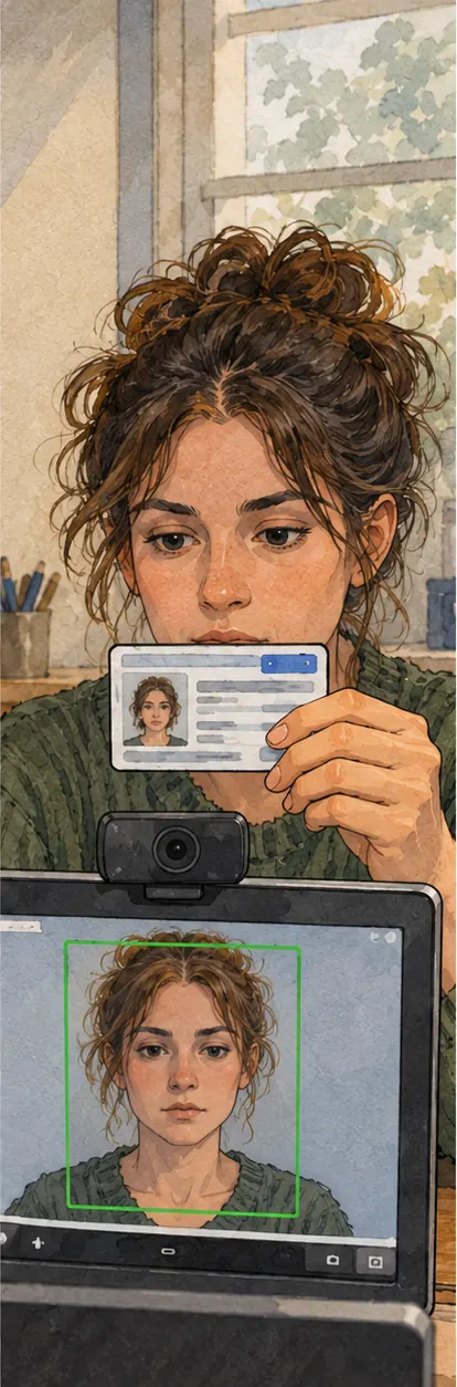 The same worker holds an ID card up to the webcam and films their face, again and again