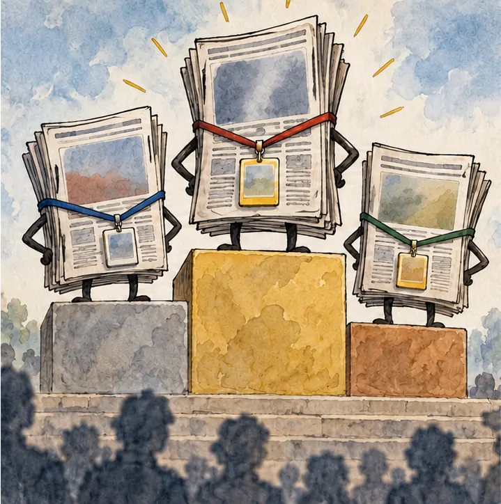 A ranked podium of answer cards where the top places are taken by newspaper bundles wearing special passes