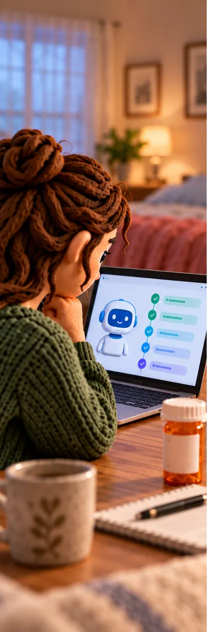 A young woman at home reads a chatbot's day-by-day plan on her laptop, her medication bottle beside it