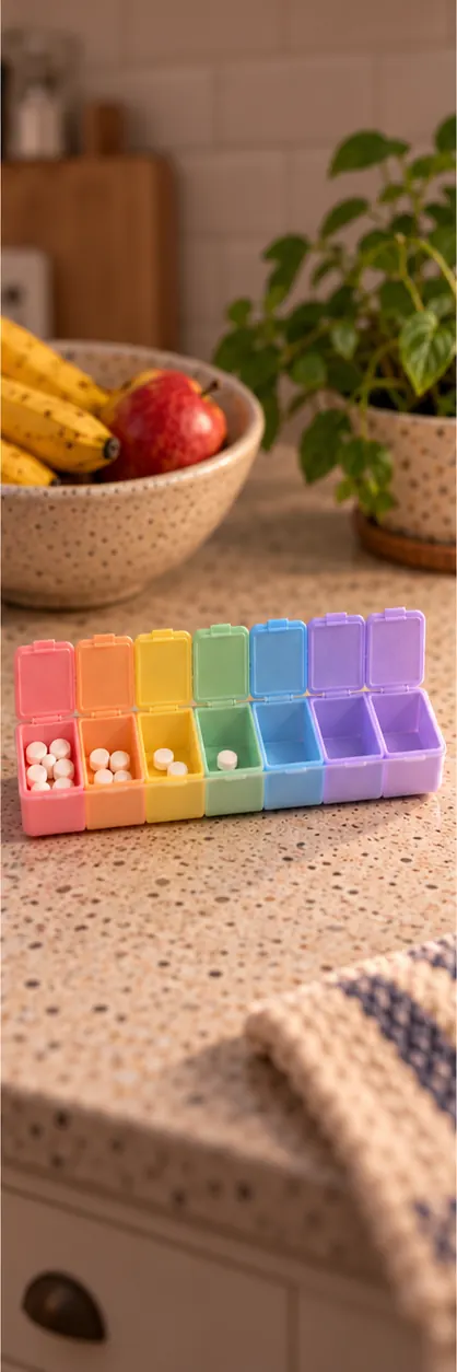 A weekly pill organizer on a kitchen counter, its compartments holding fewer pills day by day
