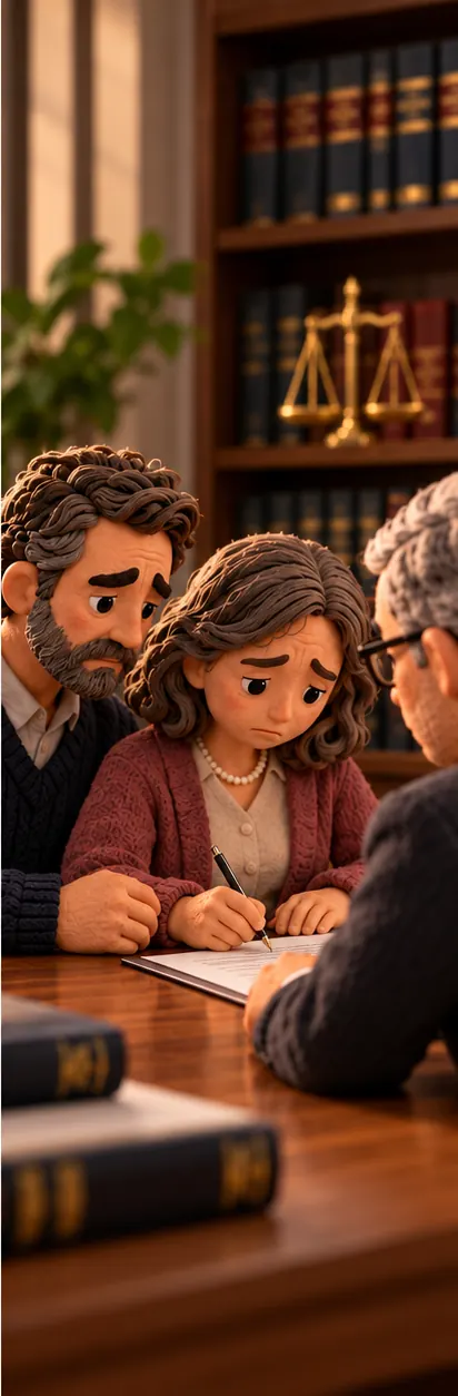 Her grieving family sits with a lawyer at a table, signing a legal complaint