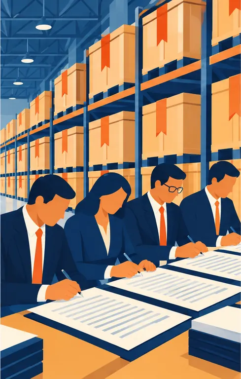 Buyers in suits sign long contracts at a table while the reserved crates stretch into the distance