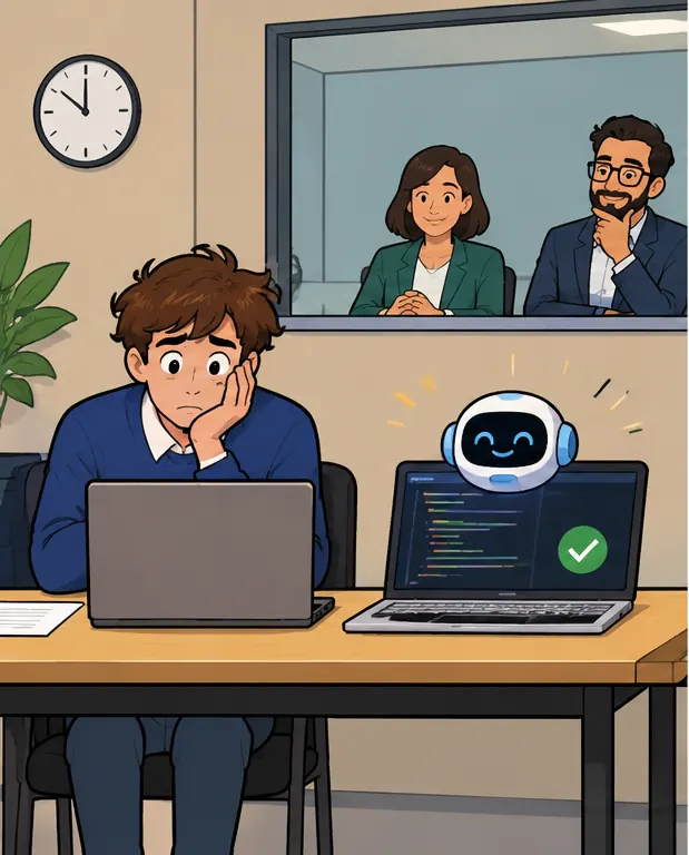 An interview room where a candidate and a laptop sit side by side at a small coding test, the laptop finishing first
