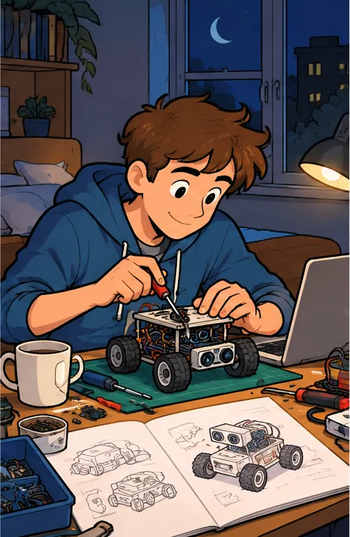 A junior engineer at home building a working prototype late at night