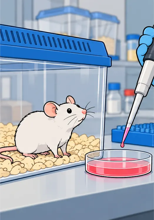 A laboratory mouse in a clean research cage beside a petri dish and pipette