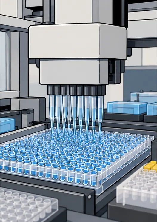 A lab robot filling a tray of hundreds of tiny wells with antibody samples