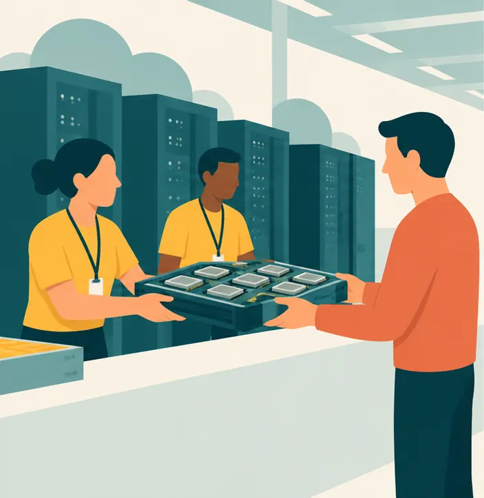 Technicians in a cloud data centre handing a rented chip tray across a counter to a visitor