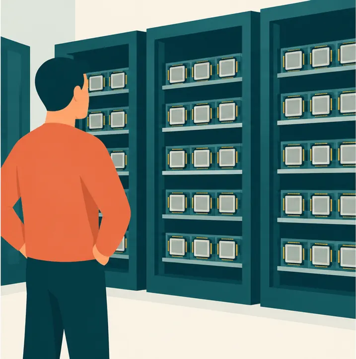 The visitor's own server room, with racks of one kind of chip filling the shelves
