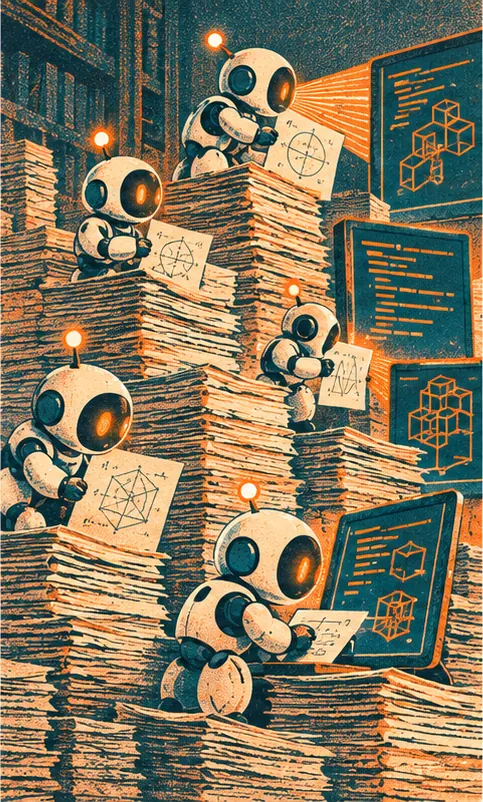A swarm of small glowing robot agents climbing the stacks and translating pages into neat blocks of code on screens
