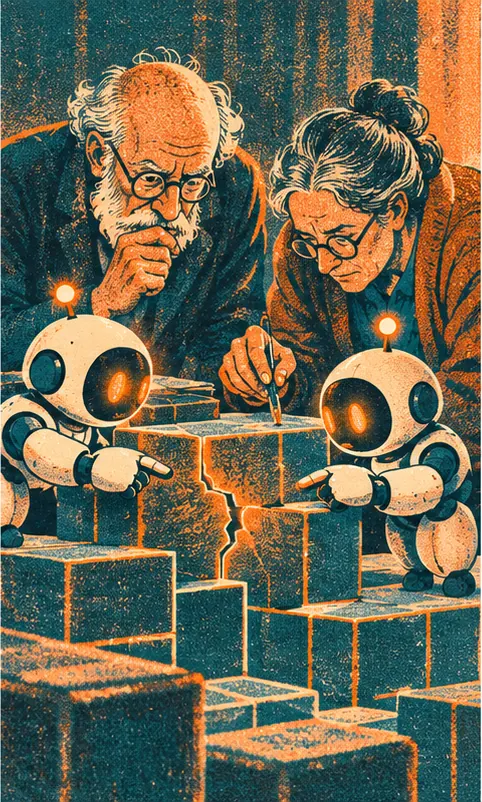 Two robot agents pointing at a crack in one block, while two older mathematicians lean in to repair it