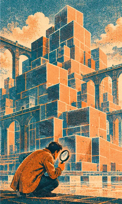A vast finished structure of interlocking code blocks, with a human figure still inspecting its foundations with a magnifying glass