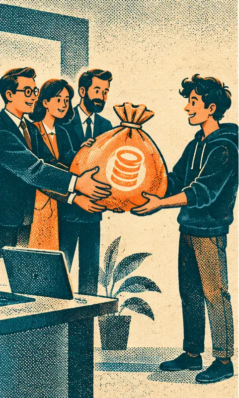Investors handing a large bag of coins to a startup founder