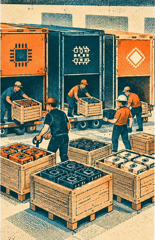 Crates of chips from three different suppliers being unloaded into a warehouse