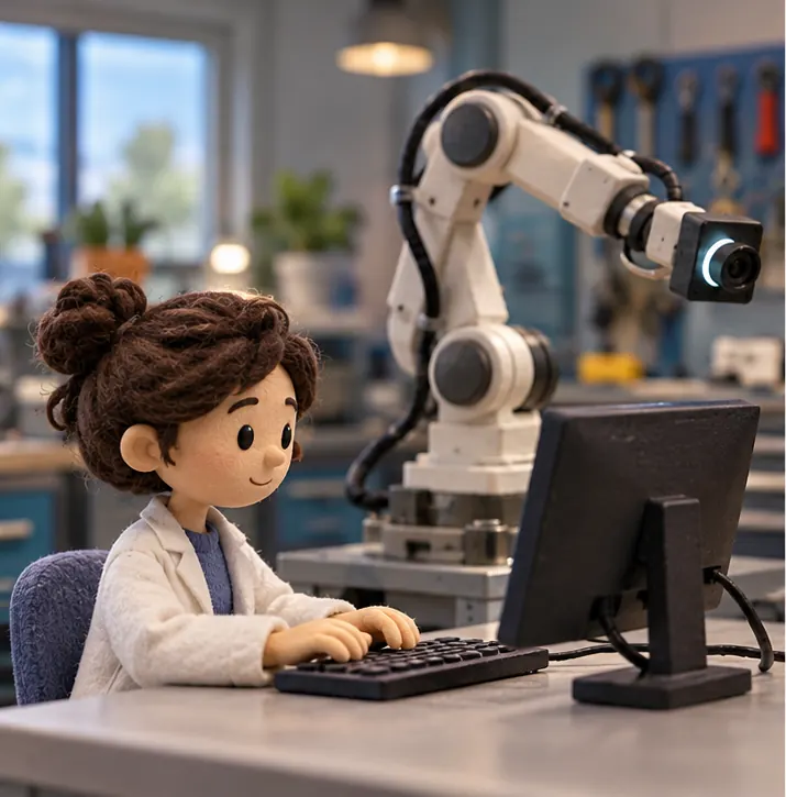 A researcher types a command at a terminal beside a robot arm with a camera in a lab