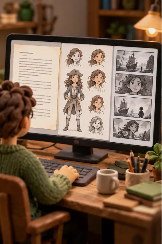 A single screen workspace showing a script page, character sketches and a storyboard side by side