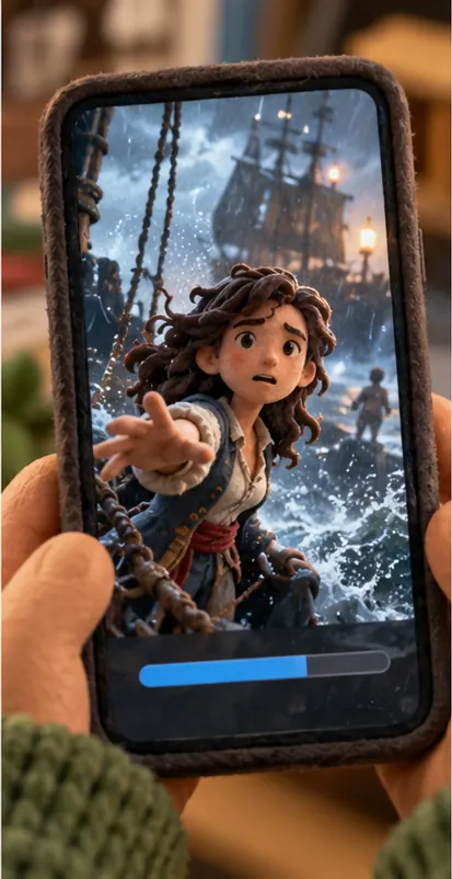 A vertical phone-shaped video frame showing a dramatic scene being generated