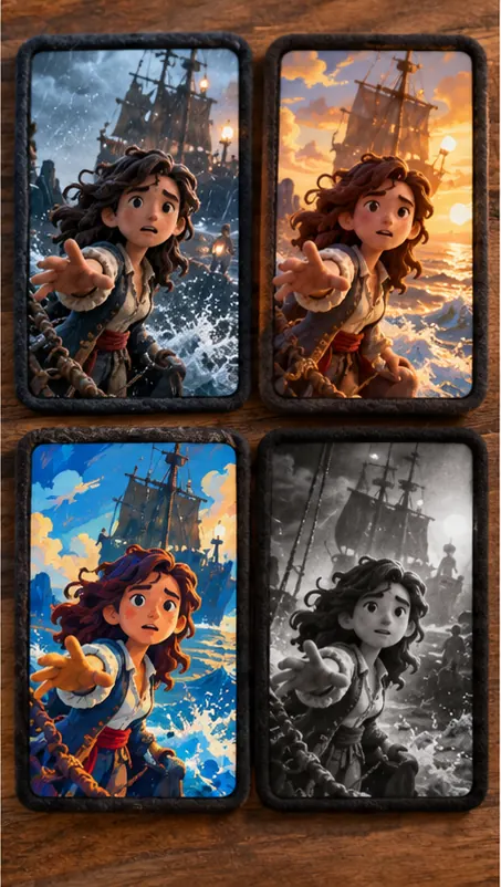 The same scene remade several times in different visual styles, side by side