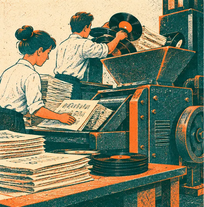 Stacks of old sheet music and vinyl records are fed into a large machine