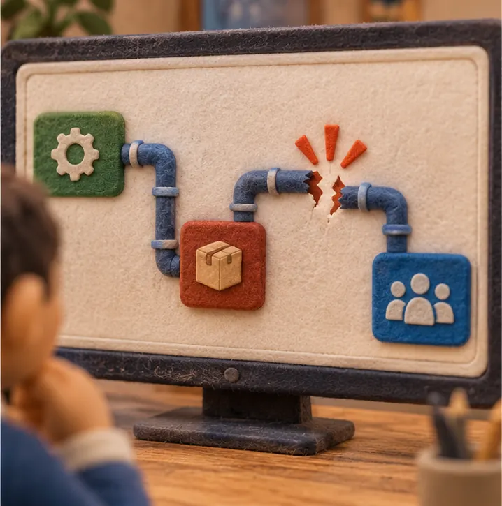 On the dashboard, a workflow diagram of connected pipes with one break highlighted