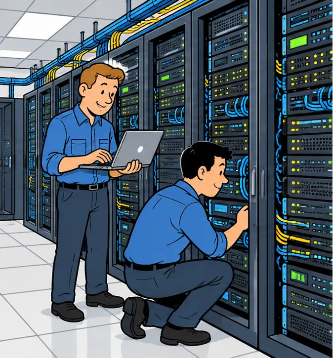 Engineers testing newly installed server rack systems in a data centre