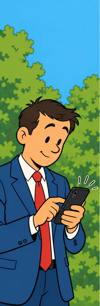 A generic man in a suit types a post on his phone