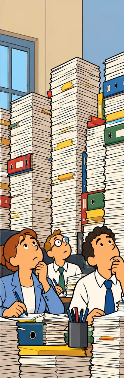 Clerks at desks look up at towering piles of paperwork, pens in hand, unsure what comes next