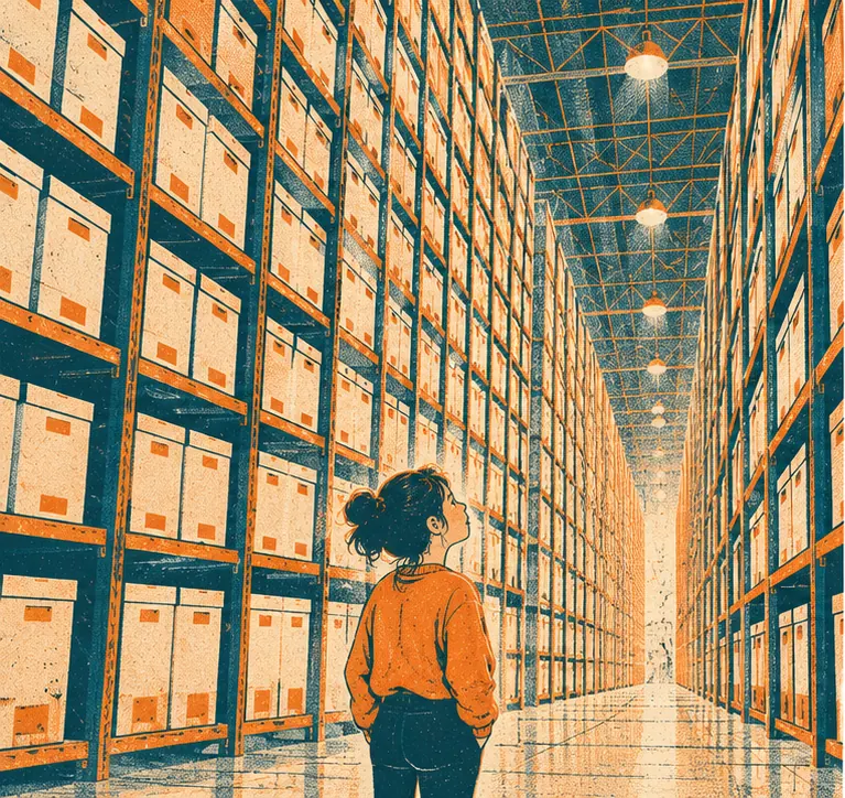 A huge warehouse of shelved storage boxes towering over a person