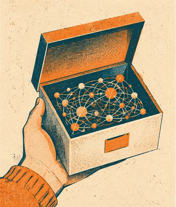 The same contents compressed into a slim map of connecting threads that fits in one small box
