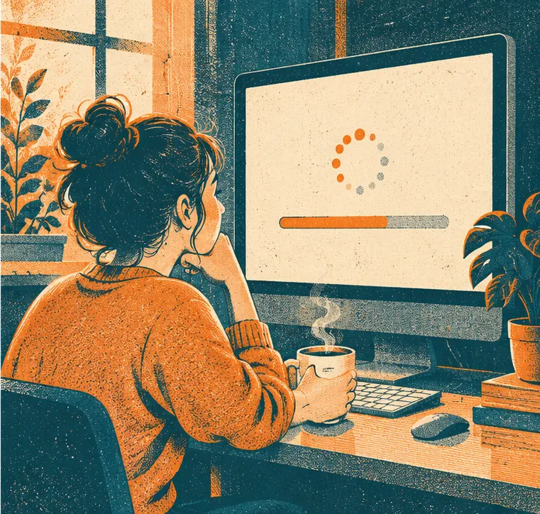 A person at a desktop computer waiting patiently with a cup of tea while a search runs
