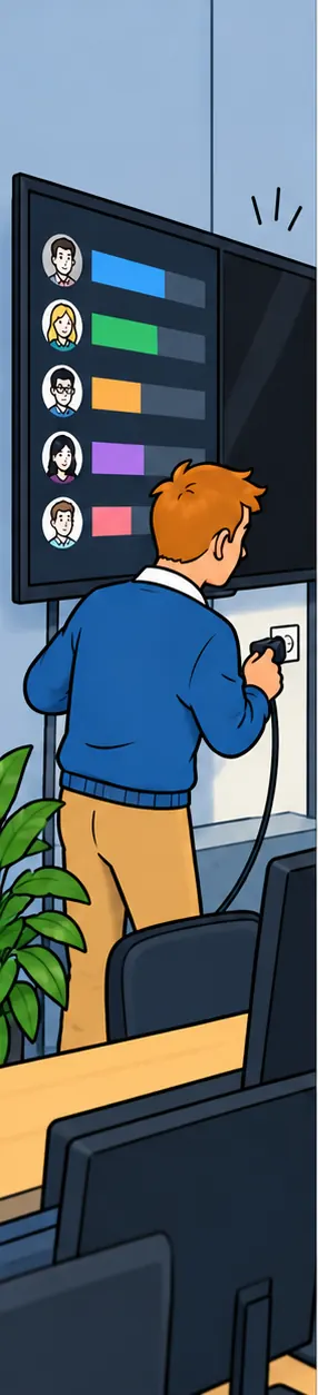 A big office screen showing a ranking of bars is switched off and unplugged