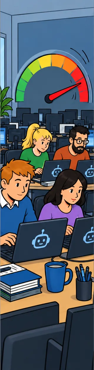 Engineers run AI tools flat out at their desks while a large usage gauge spins into the red