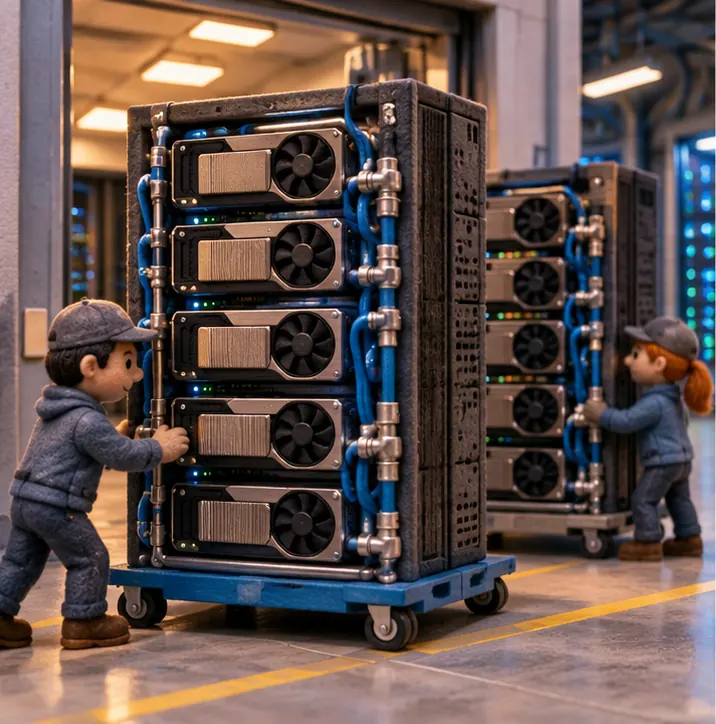 Tall liquid-cooled GPU racks being wheeled into a cloud data centre