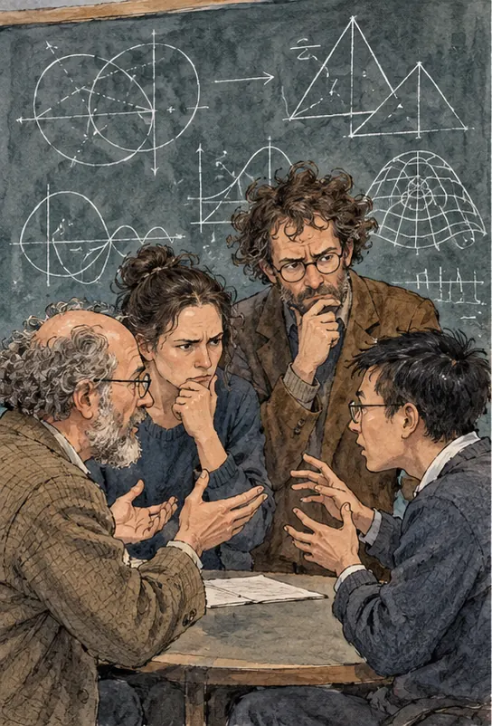 A group of mathematicians around a chalkboard covered in blank chalk diagrams, frowning and debating