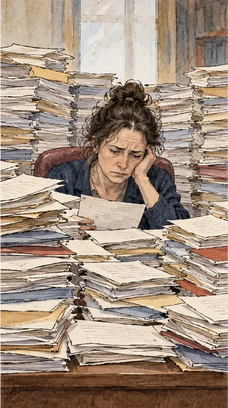 A journal editor's desk buried under an overflowing pile of manuscripts