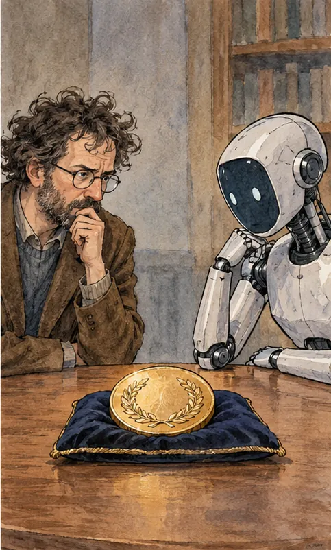 A prize medal on a table between a human mathematician and a computer, with nobody's hand on it