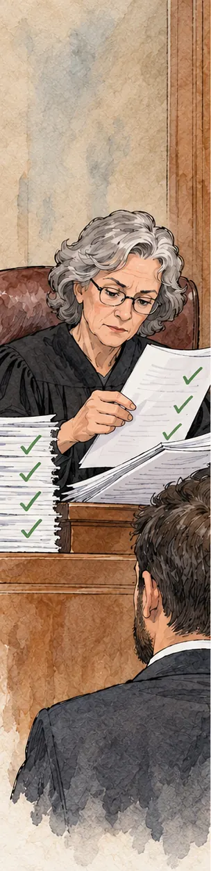 A judge at the bench reads through a stack of document requests, approving most of them