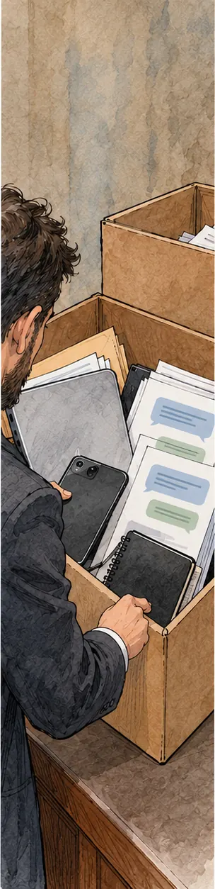 Boxes are filled with an engineer's laptop, phone and records of chats with AI assistants