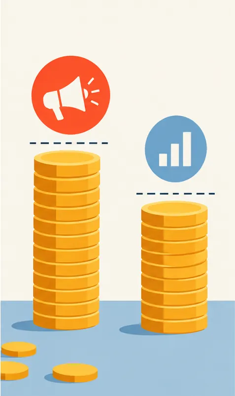 Stacks of advertising and earnings coins falling just short of marked lines.
