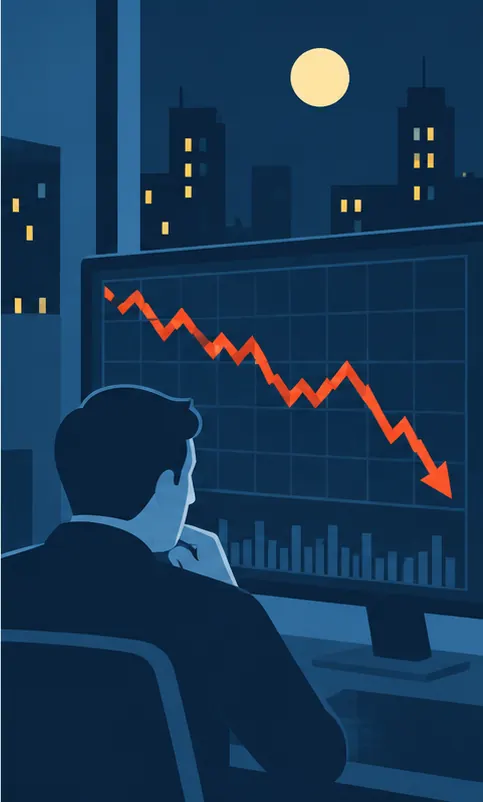 An evening trading screen showing a share-price line falling.