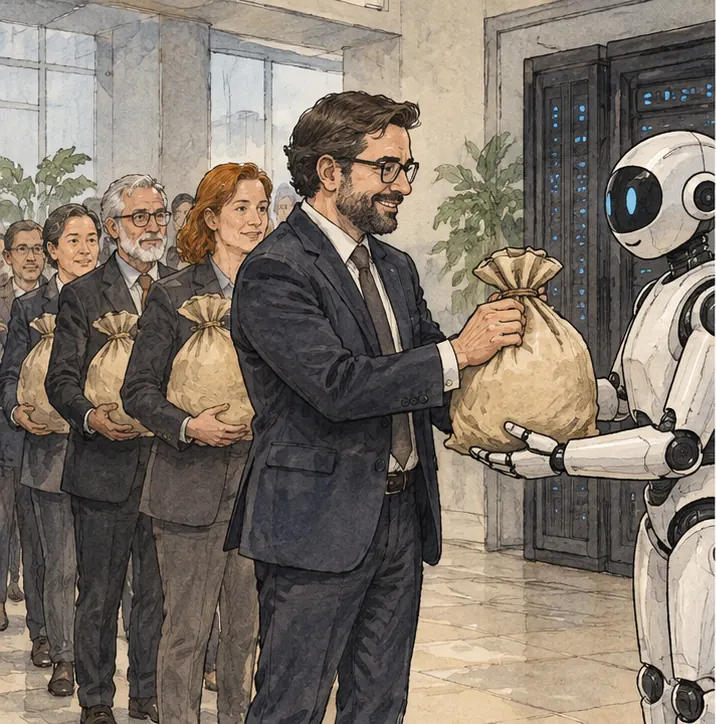 A retail group's investor leads a line of investors handing plain unmarked money bags to an AI company.