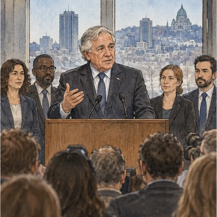 An older, grey-haired national leader at a plain wooden podium in a press room in Montreal, announcing a government stake in the company.