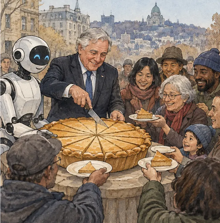 A large pie being sliced into many small pieces handed to a crowd of ordinary citizens.
